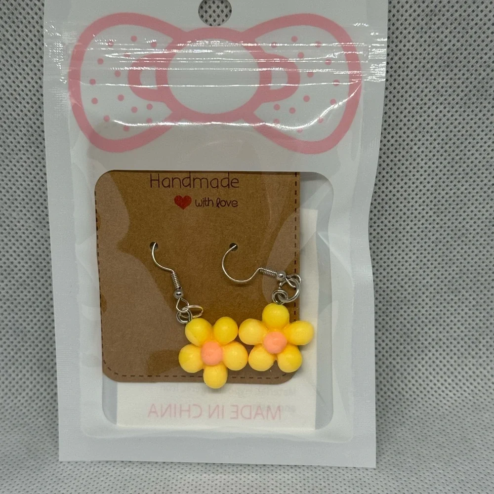 Handmade Yellow and Pink Flower Earrings